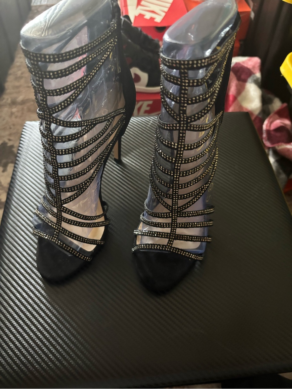 Aldo Black Strappy Rhinestone Cage High Heels